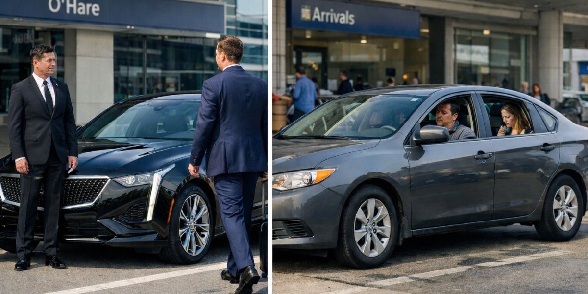 Black car service compared to Uber ride at Chicago O’Hare Airport curbside