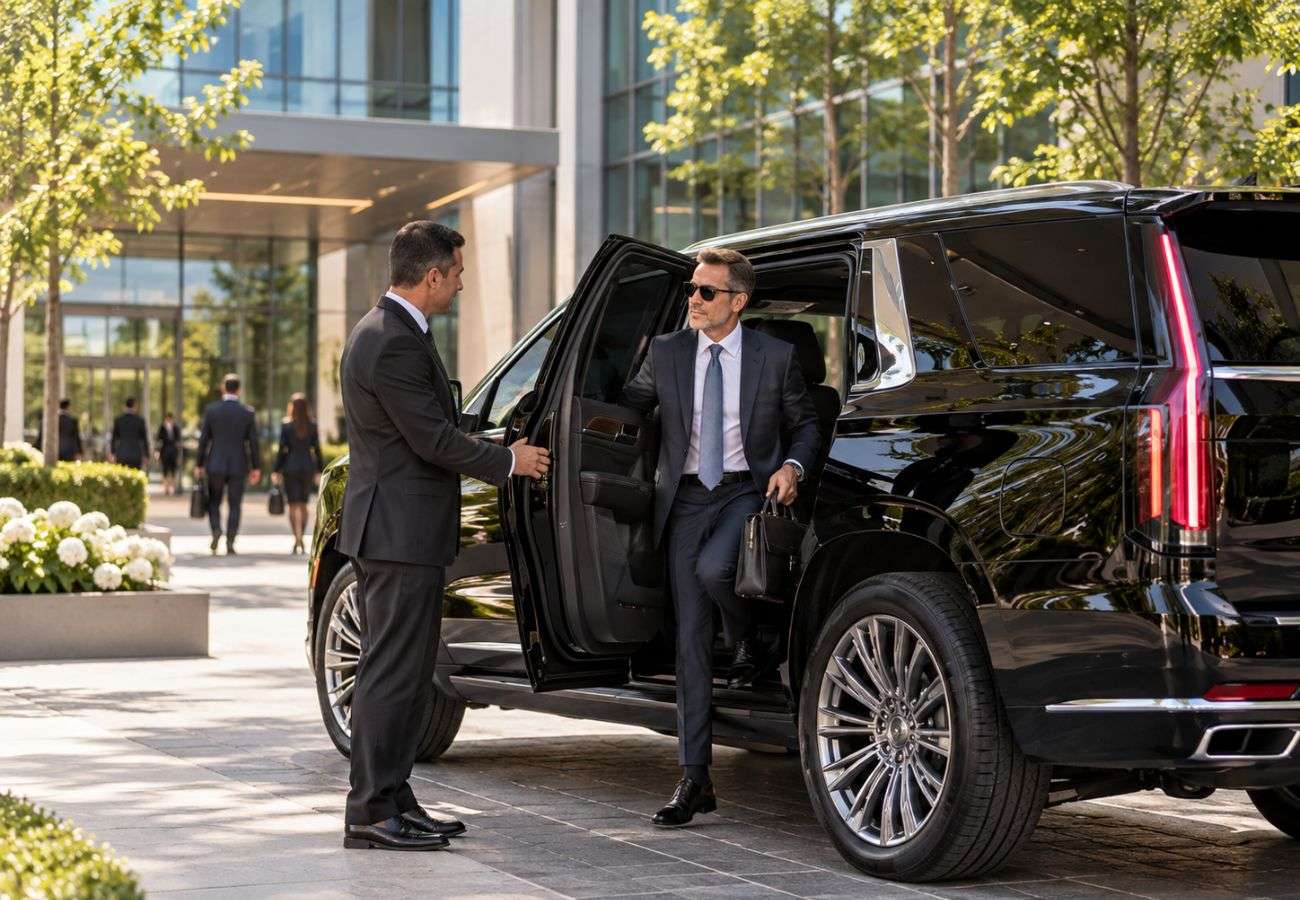 Business traveler arriving at a modern office building in Naperville with chauffeur service